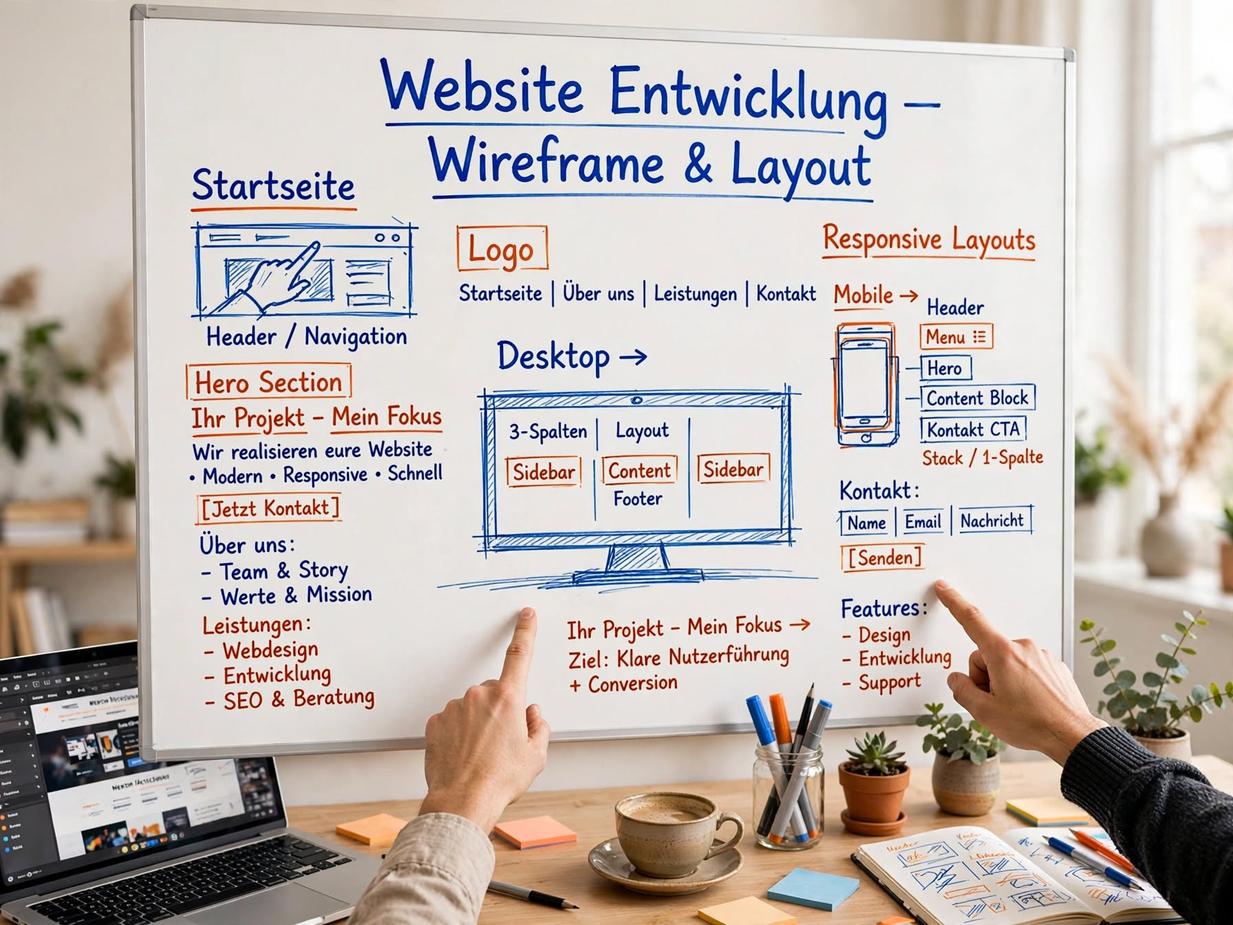 Web design explanation on whiteboard: Freelancer sketches website wireframe, illustrates mobile-first responsive design concepts and explains user interaction flows through visual diagrams and annotations