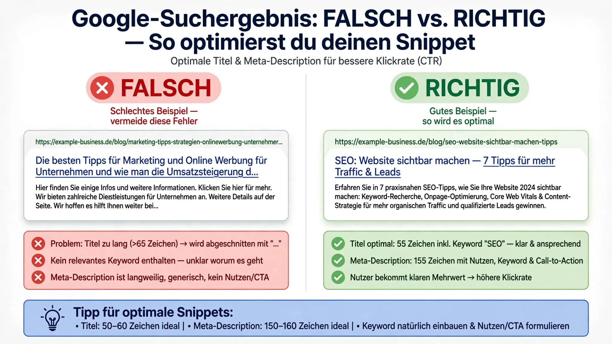 Google Search Result: WRONG vs RIGHT - Optimal Title and Meta Description