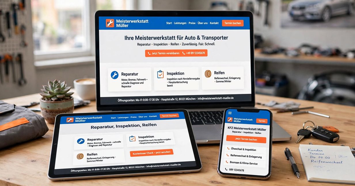 Responsive Web Design Visualization: Desk displaying three devices arranged side by side - desktop monitor with website display, tablet, and smartphone - demonstrates responsive website design across different screen sizes