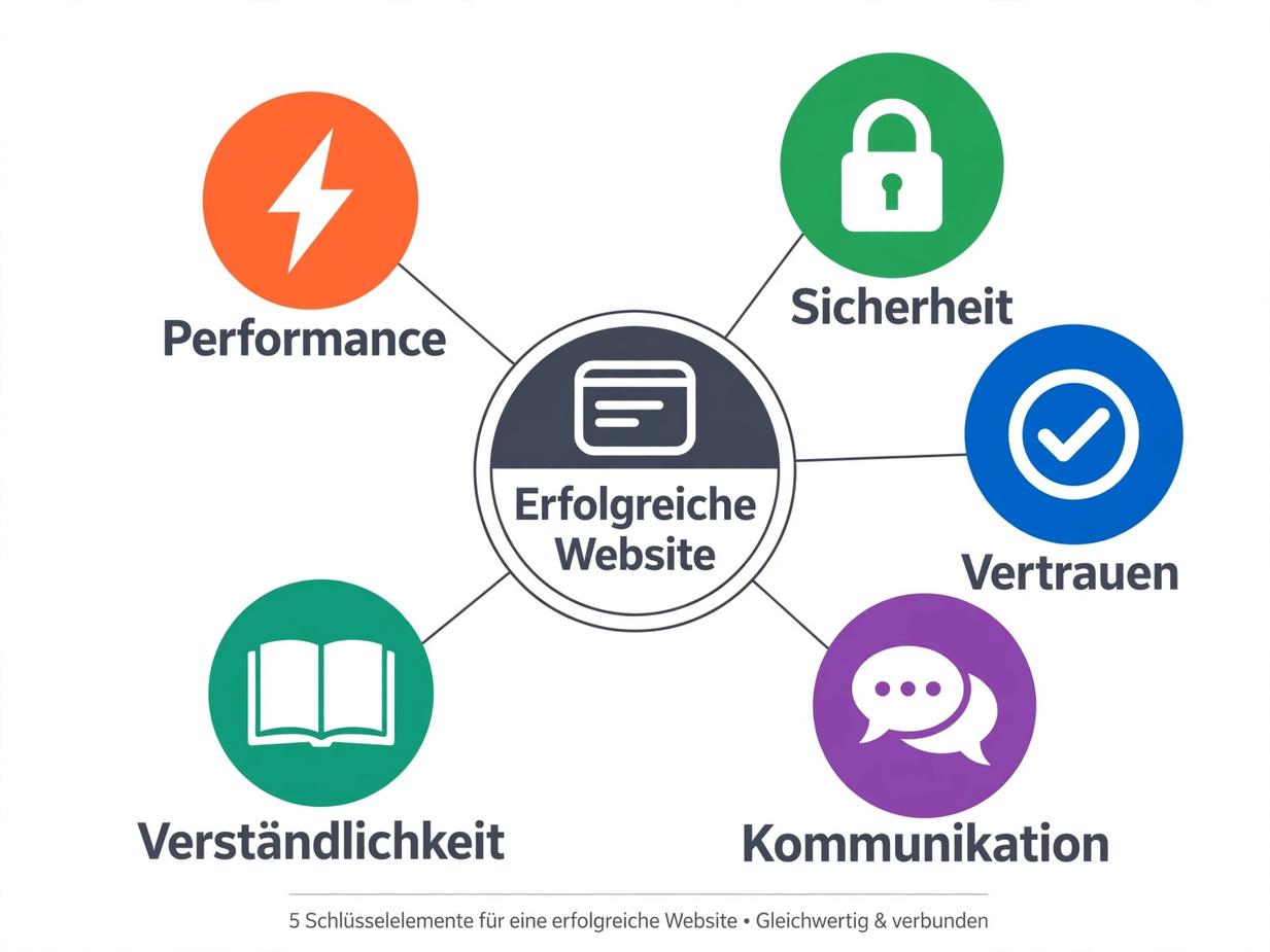 Infographic: The 5 Success Factors for Professional Websites - Performance (fast load times), Security (SSL/HTTPS encryption), Trust (testimonials & transparency), Communication (clear call-to-action buttons), Clarity (simple language & navigation)
